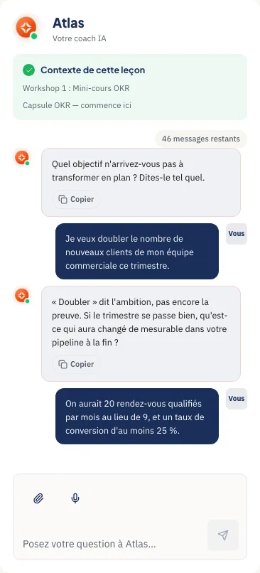 An Atlas session inside a lesson of the “OKRs for impact” path (shown in French)