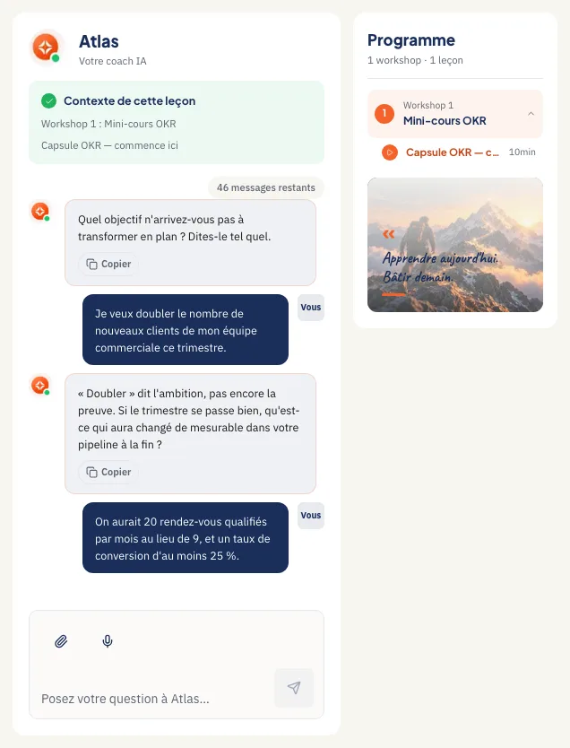 An Atlas session inside a lesson of the “OKRs for impact” path (shown in French)