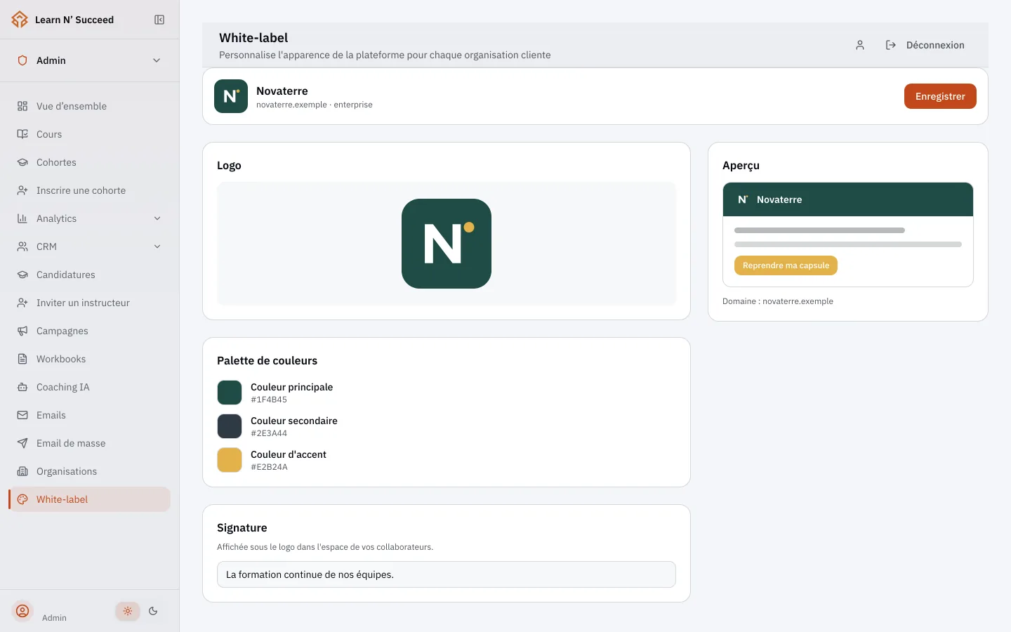Branding admin screen: organisation logo, colours and tagline.