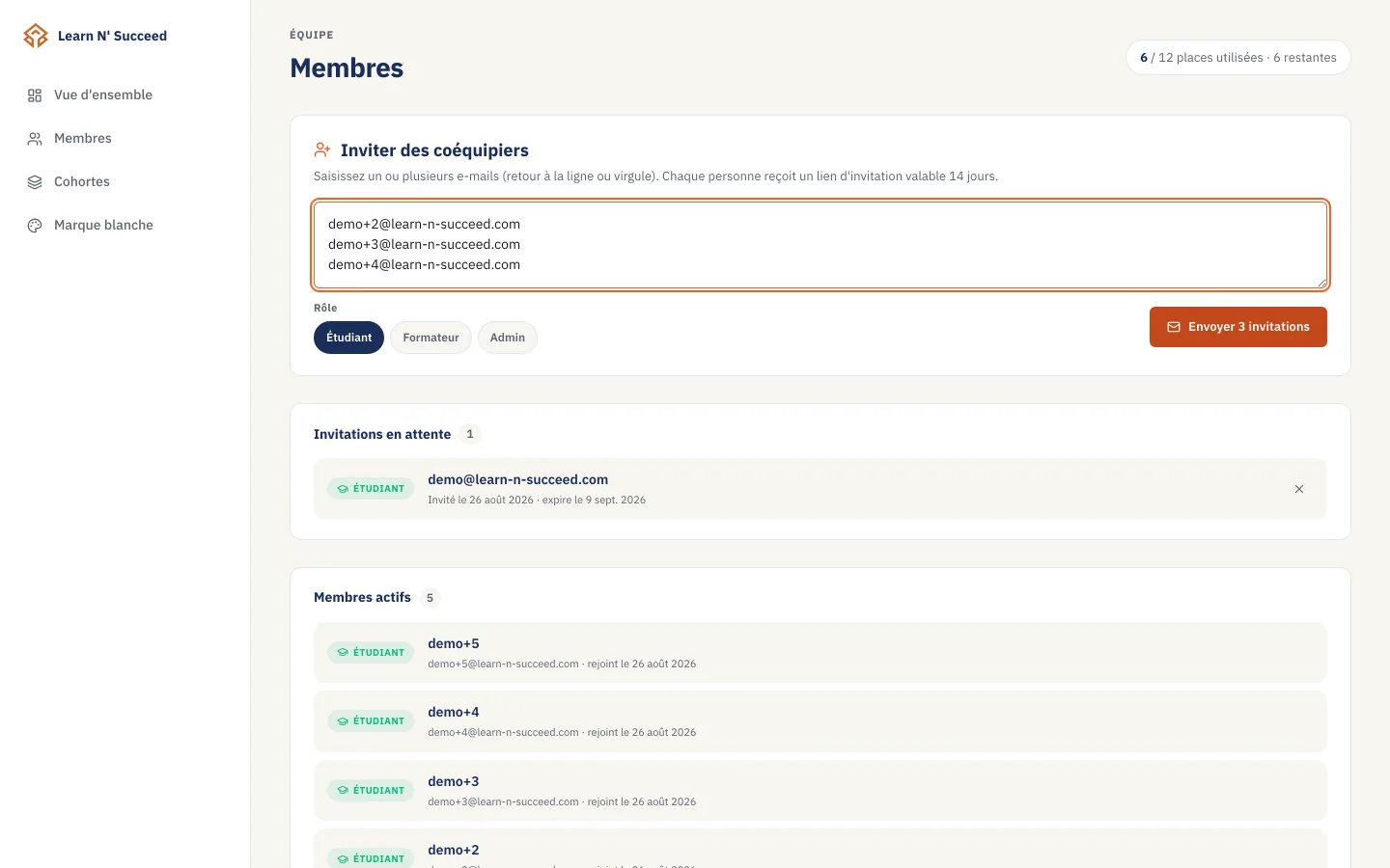 Organisation members screen: invited addresses and remaining seats.