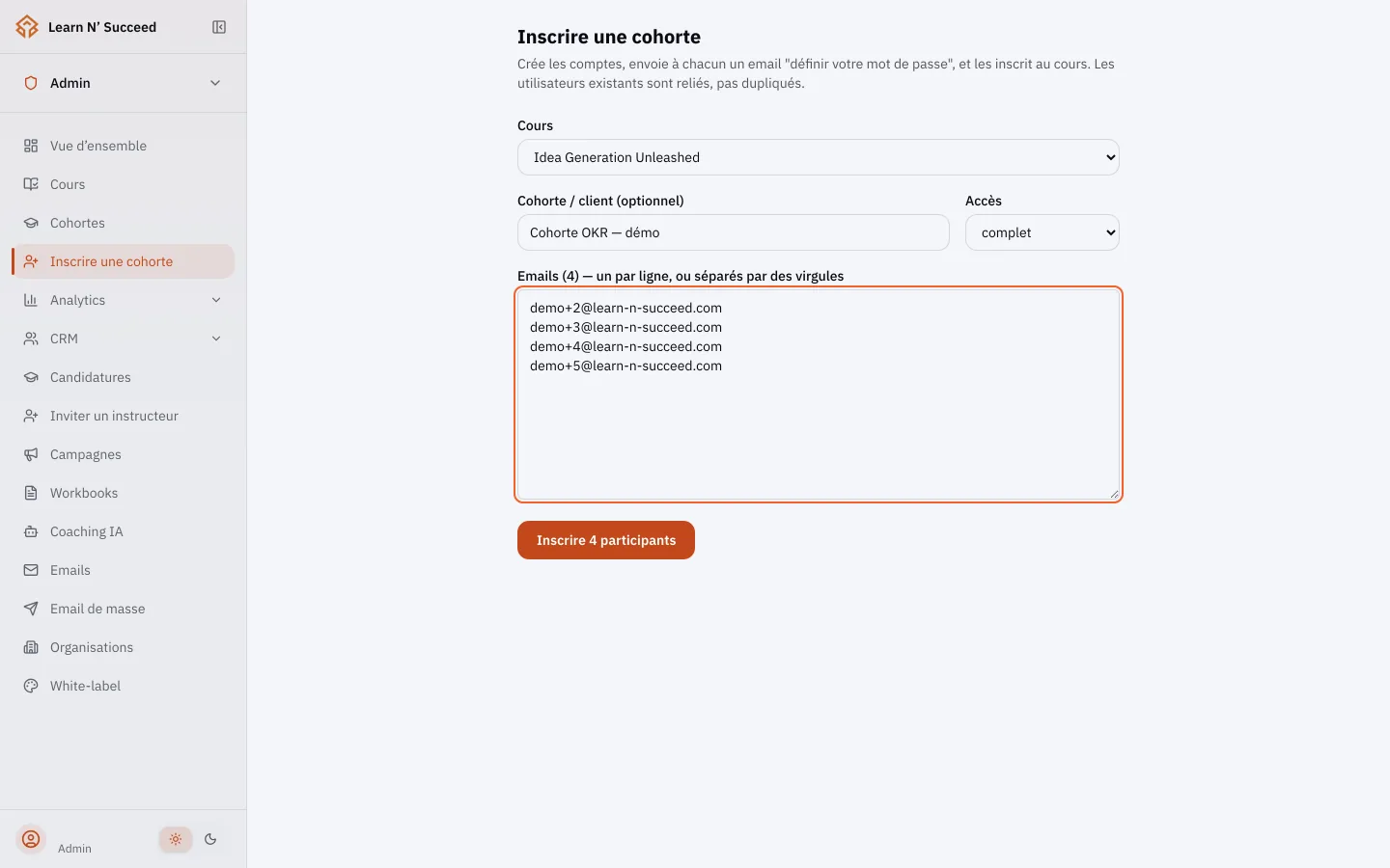 Bulk enrolment screen: one course, a named cohort, the list of participants.