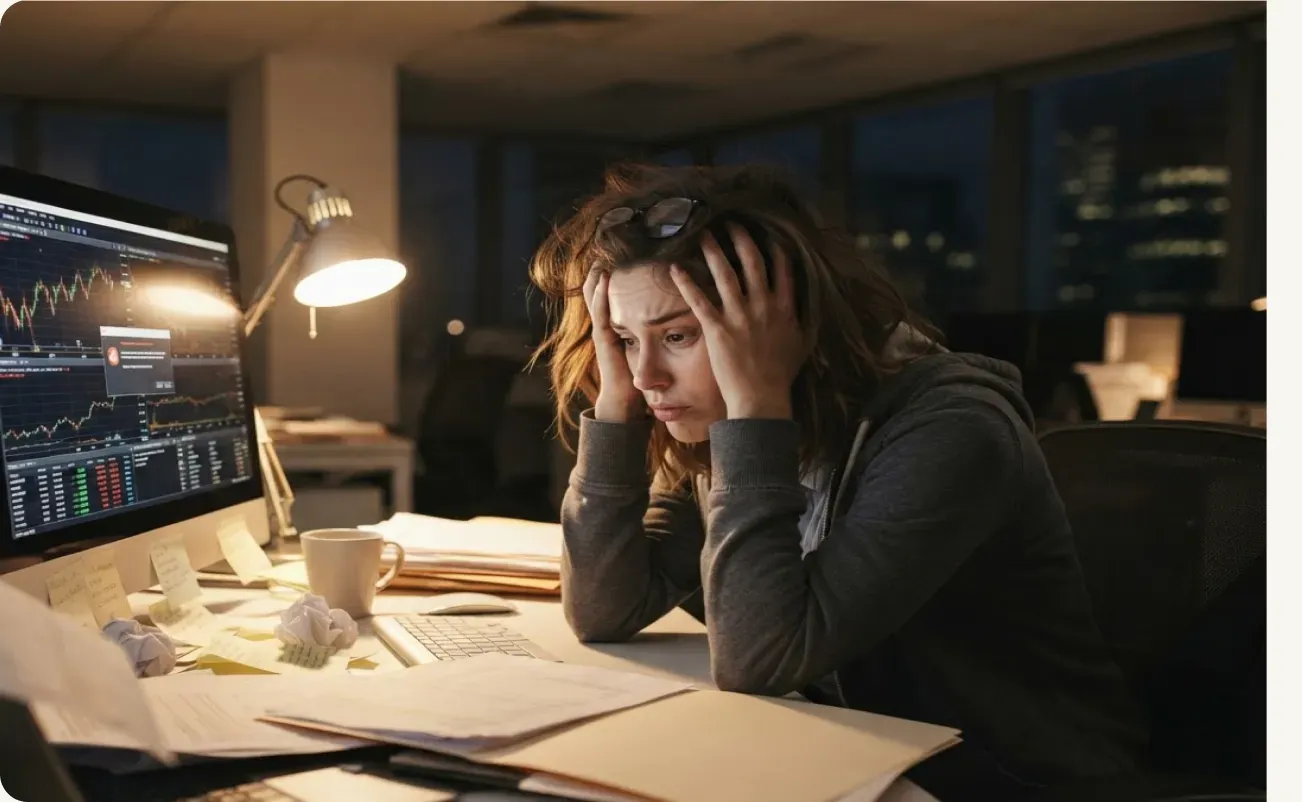 Une personne épuisée, la tête dans les mains devant son bureau, le soir