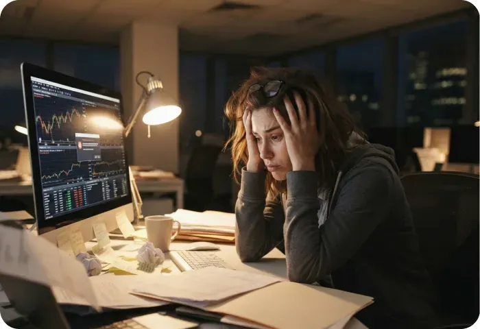 Une personne épuisée, la tête dans les mains devant son bureau, le soir