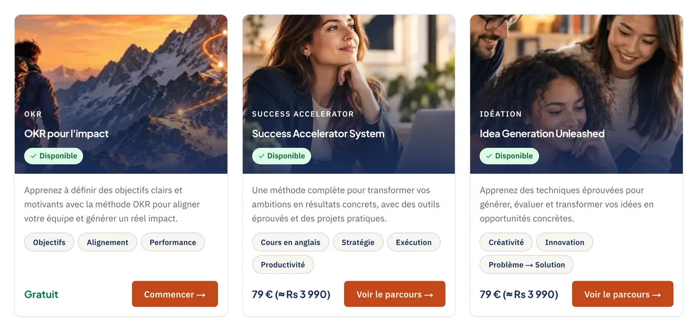 Catalogue preview: OKR for Impact, Success Accelerator System, Idea Generation Unleashed
